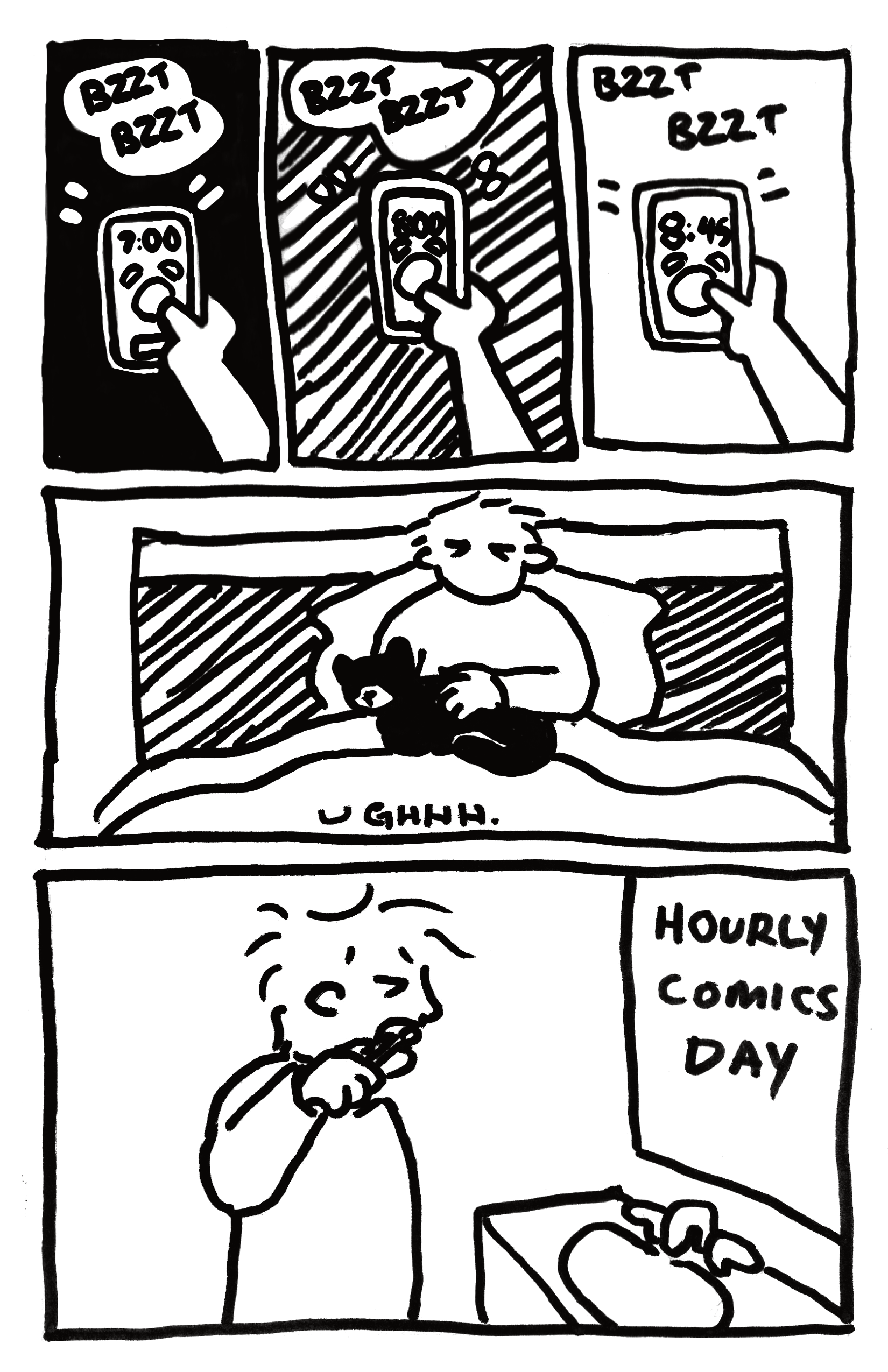 Lief snoozes three alarms on his phone that says 7:00AM, 8:00AM, and 8:45AM. He sits up in bed. There is a cat on his lap. He brushes his teeth, and the mirror says Hourly Comics Day.