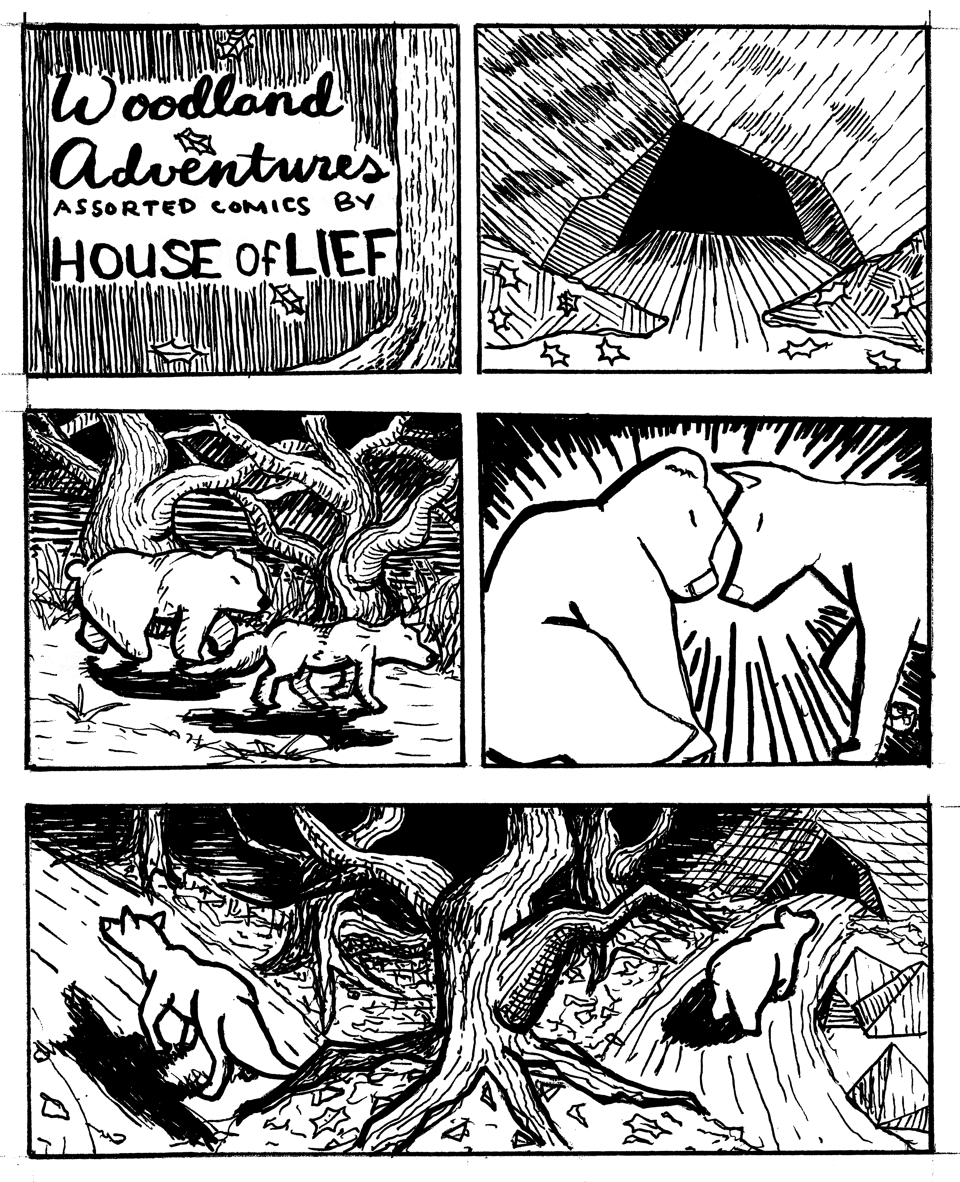 Panel 1: Woodland Adventures, Assorted Comics by House of Lief. Panel 2: The mouth of a cave surrounded by fallen leaves. Panel 3: A bear and a wolf walking through the forest together. The trees are bare. Panel 4: The bear and the wolf press their foreheads together in a moment of friendship. Panel 5: The bear and the wolf part ways for the winter, the bear heading to hibernate and the wolf heading back to his pack.