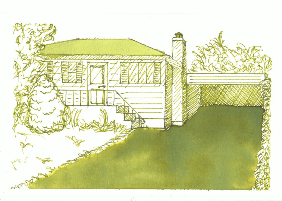 a green monochrome ink painting of my childhood home.