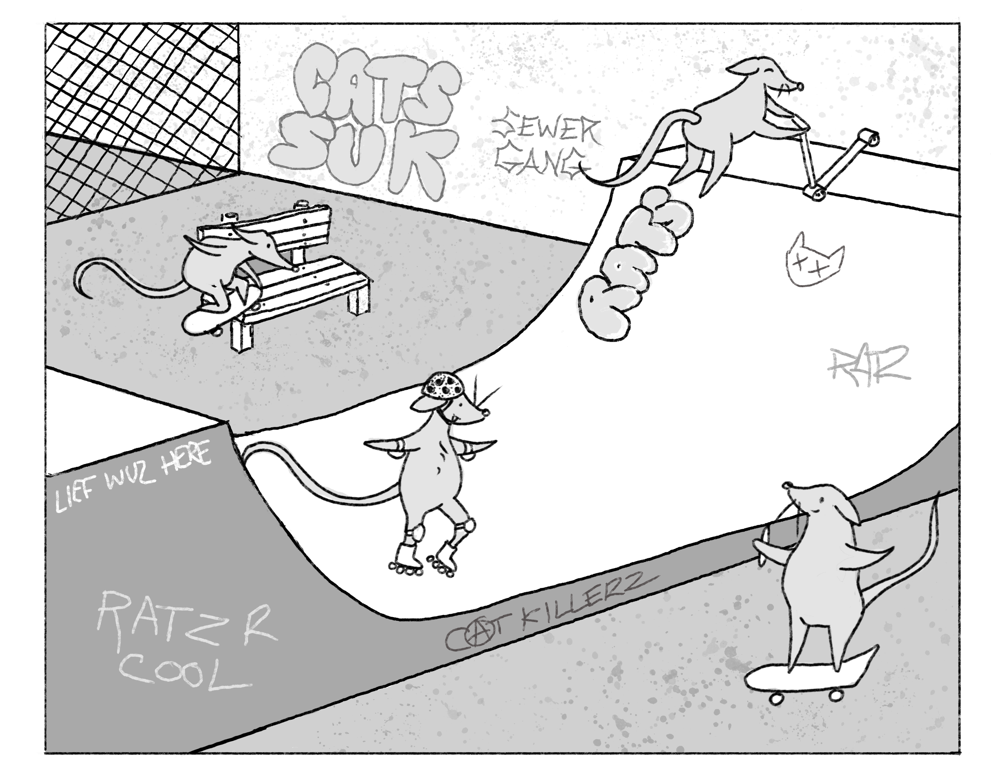 a monochrome skate park where four rats are skating. Graffiti expresses various rat sentiments, such as anti-cat and pro-sewer gang messaging.