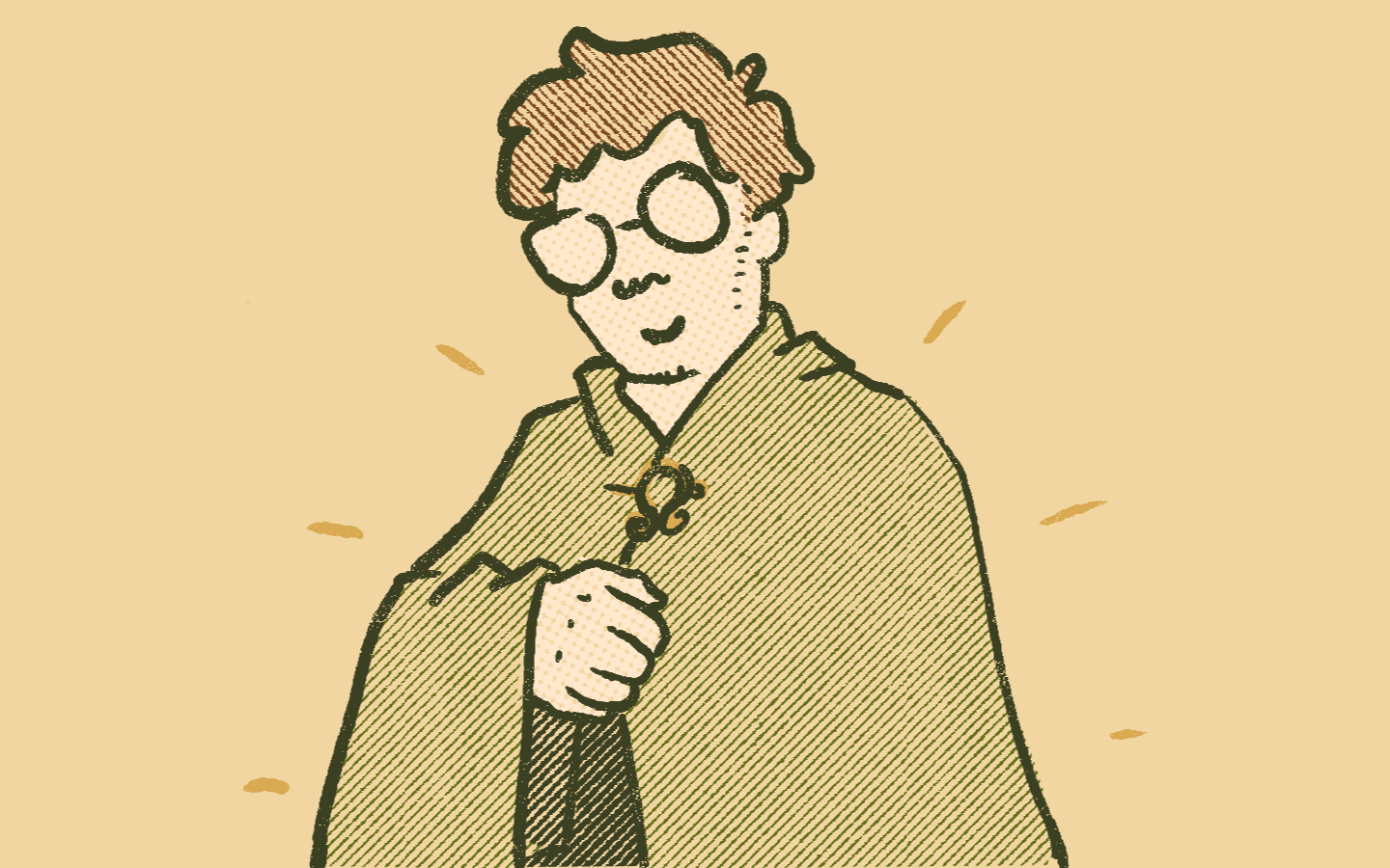 A drawing of Lief wearing a green cloak, closed with a gold clasp. 